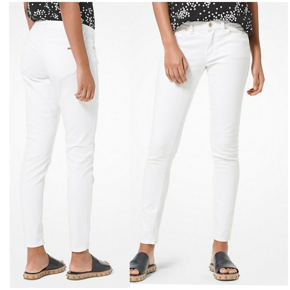 Michael Kors Selma Skinny Jeans White Mid Rise Gold Hardware Size 12 Classy